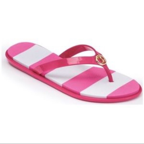 JUICY COUTURE Sandals Thong Flip Flops Logo Pink White Stripe Size Small 5-6 - Picture 1 of 2